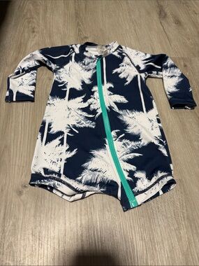 Bonds Long-Sleeve Palm Print Rash Guard Swimsuit - Navy & White with Teal Zip